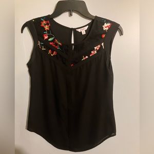Candies black sheer blouse with lace and floral stitch details. Size XS
